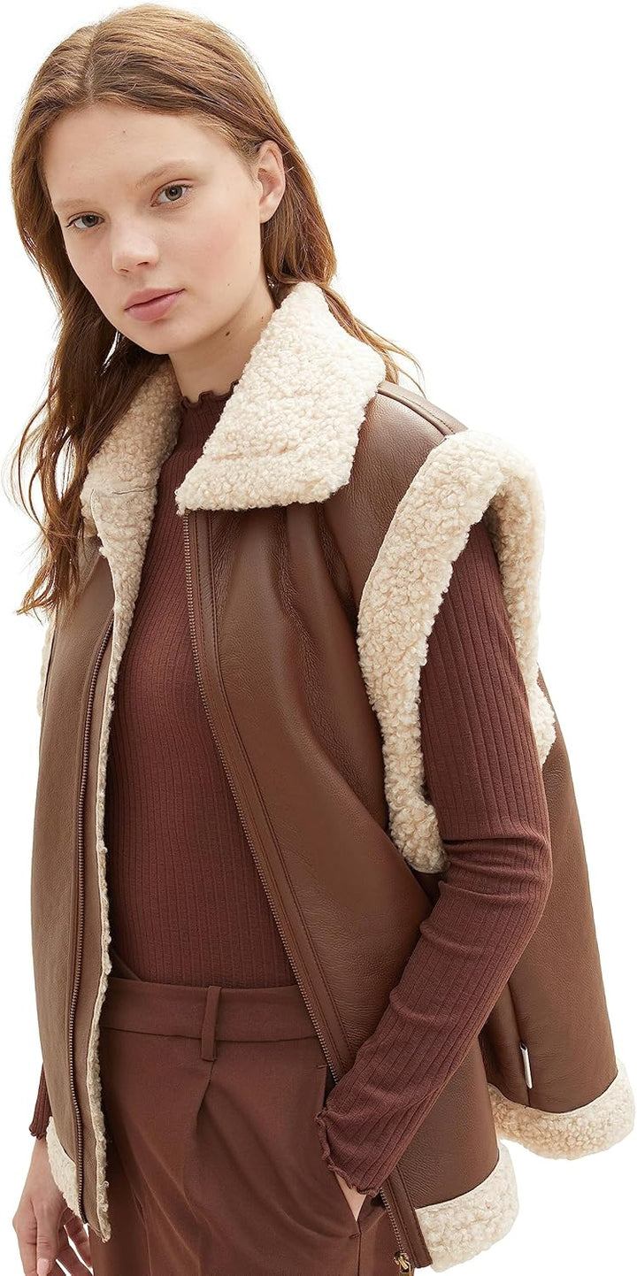 TOM TAILOR Denim Damen 1038688 Sherling Weste (1er Pack) L 19714 - Roasted Coffee Brown, L 19714 - R