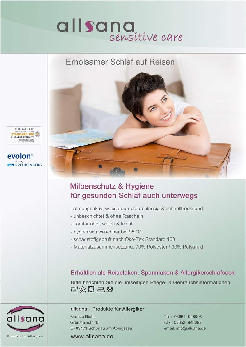 allsaneo Premium Allergiker Schlafsack 100x220 cm extra leicht und weich, ungefüttert, Hüttenschlafs