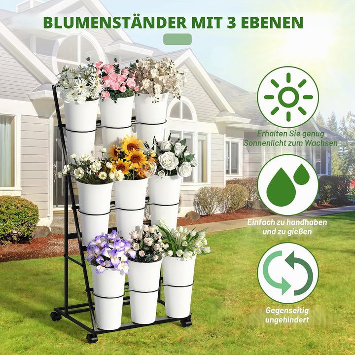 Invech Blumenständer mit 9 Eimern, 3 Etagen Blumenständer aus Metal mit Rollen, Mobiler Pflanzenstän