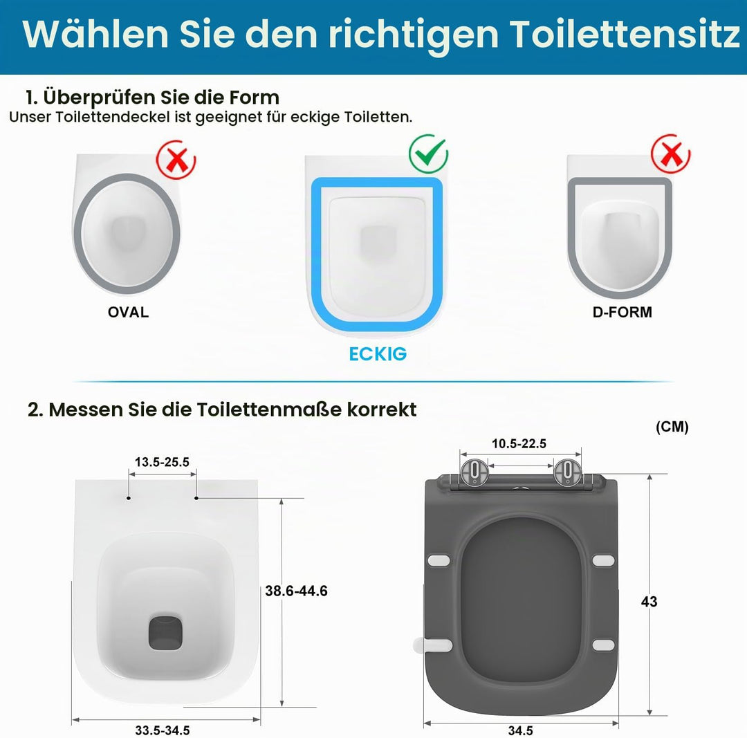 WC Sitz Eckig Form, Toilettendeckel mit Absenkautomatik, Klobrille Duroplast mit Schnellverschluss,