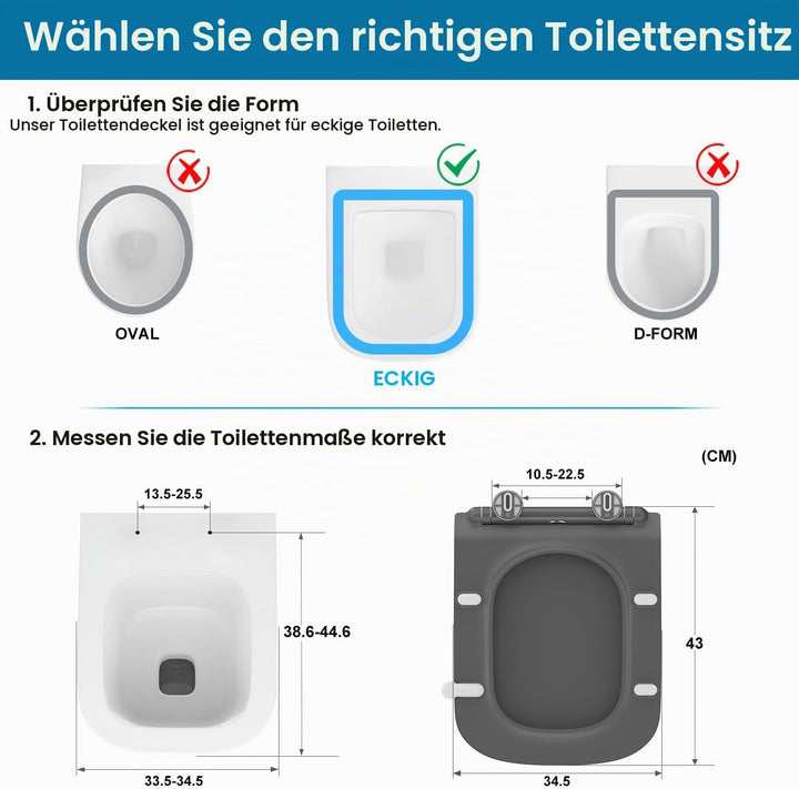 WC Sitz Eckig Form, Toilettendeckel mit Absenkautomatik, Klobrille Duroplast mit Schnellverschluss,
