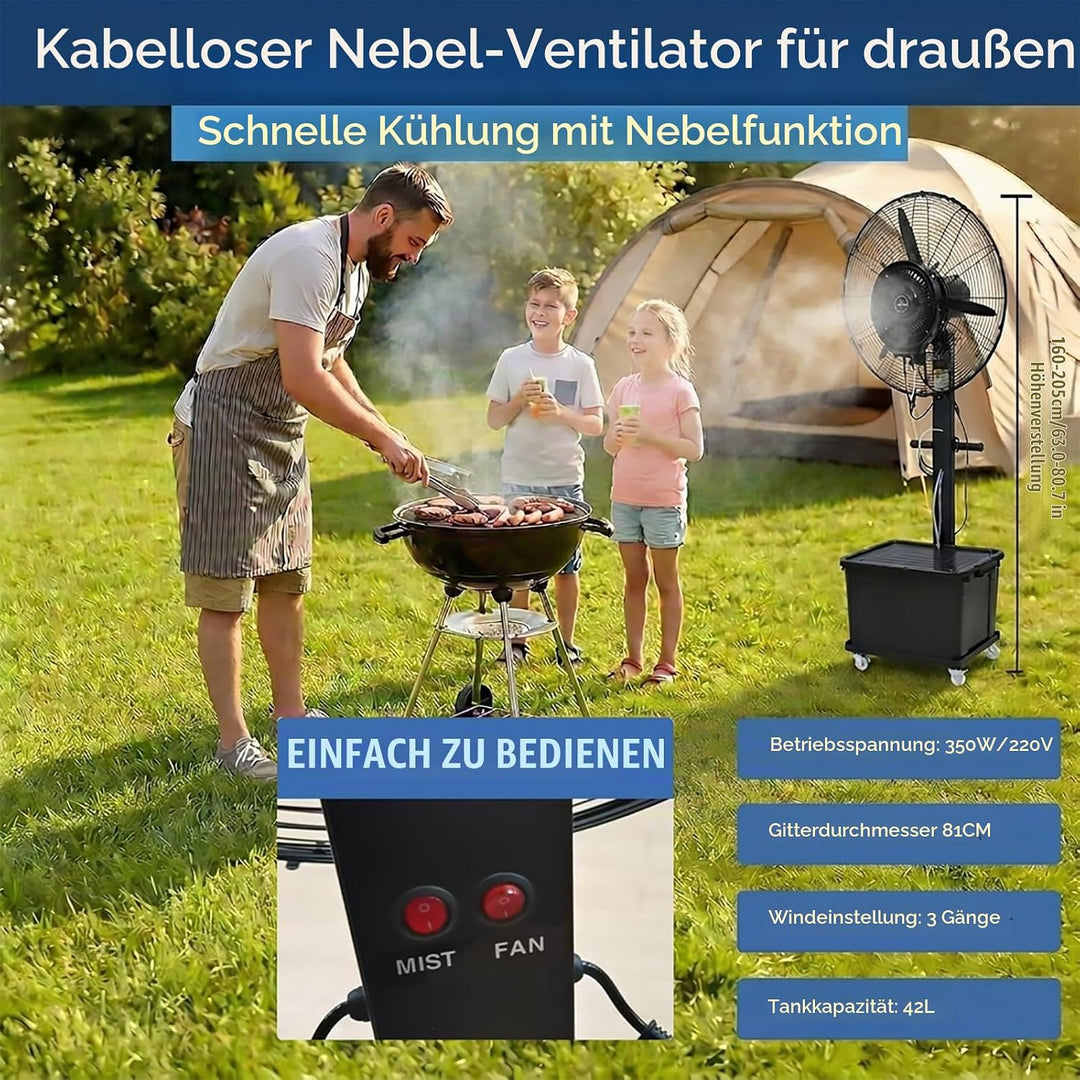 Ventilator für innen und aussen mit Sprühsystem, Nebelventilator Industrie mit 42L Wassertank, 3 Ges