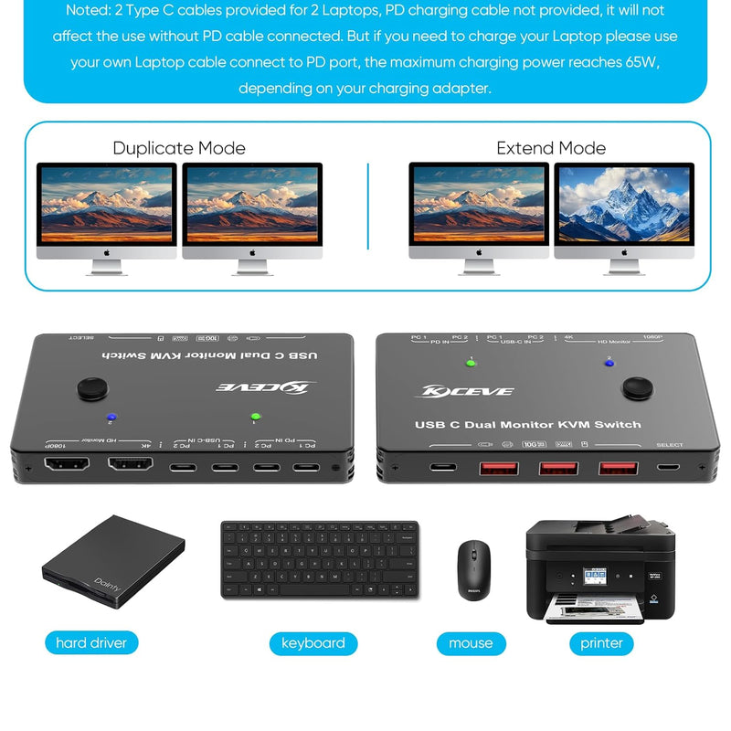 KVM Switch 2 Monitore 2 PC USB C, Dual Monitor USB Typc C KVM-Umschalter unterstützt 4K@60Hz für 2 C