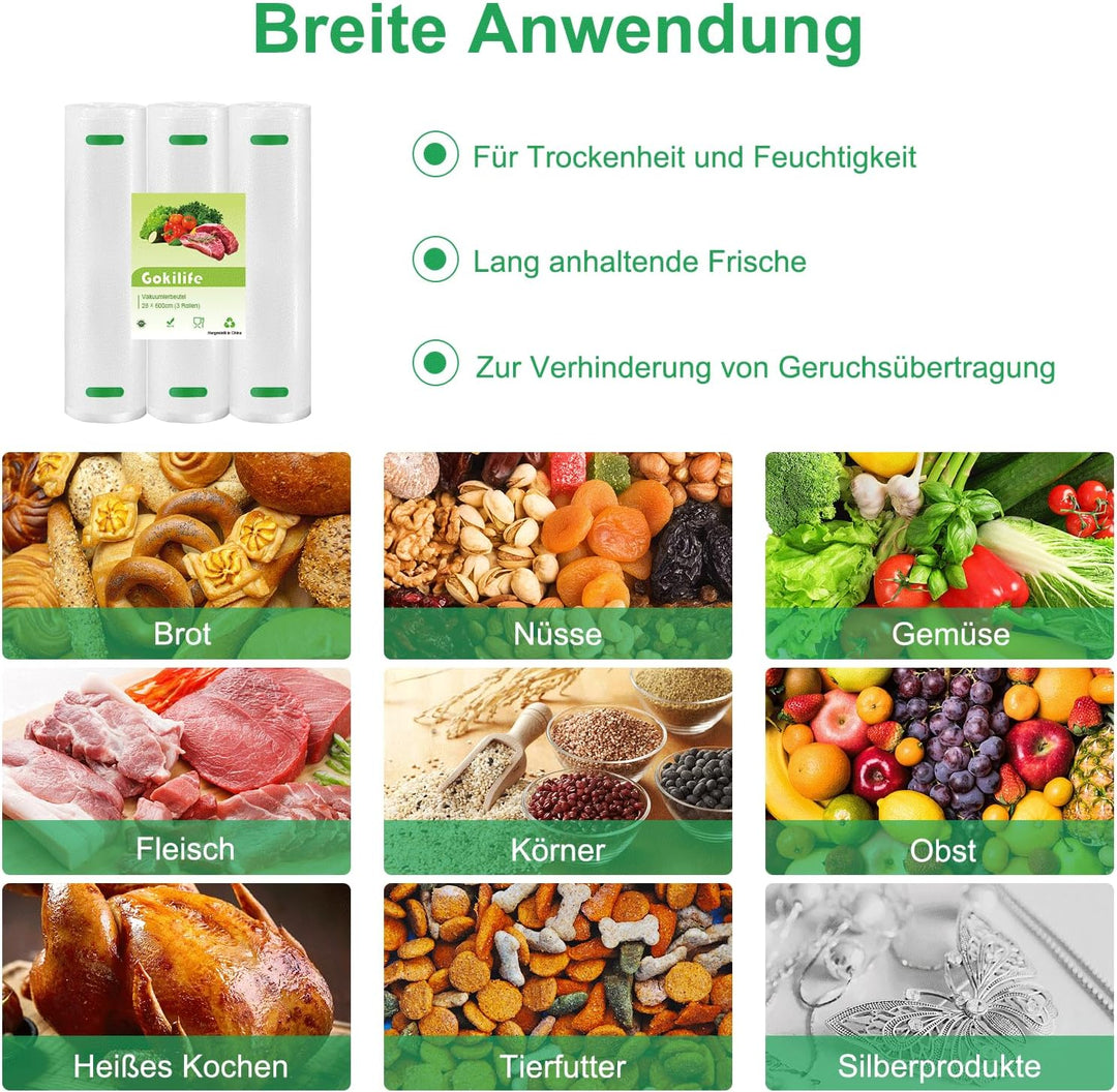 Gokilife Vakuumierbeutel - 3 Rollen 28x600cm Reissfest ca. 450µm, Vakuumierfolie für alle Vakuumiere