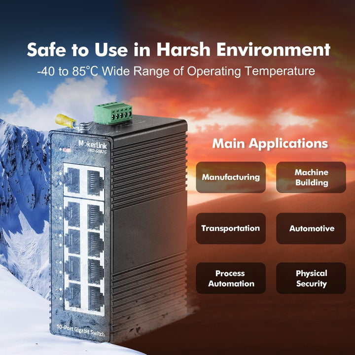 MokerLink 10 Port Gigabit Industrial DIN-Rail Ethernet Switch, Unmanaged IP40 Netzwerk-Switch (-40 b