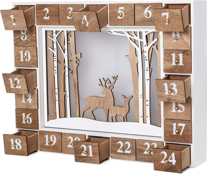 BRUBAKER Adventskalender aus Holz zum Befüllen - Weisse Winterlandschaft mit LED Beleuchtung - Wiede