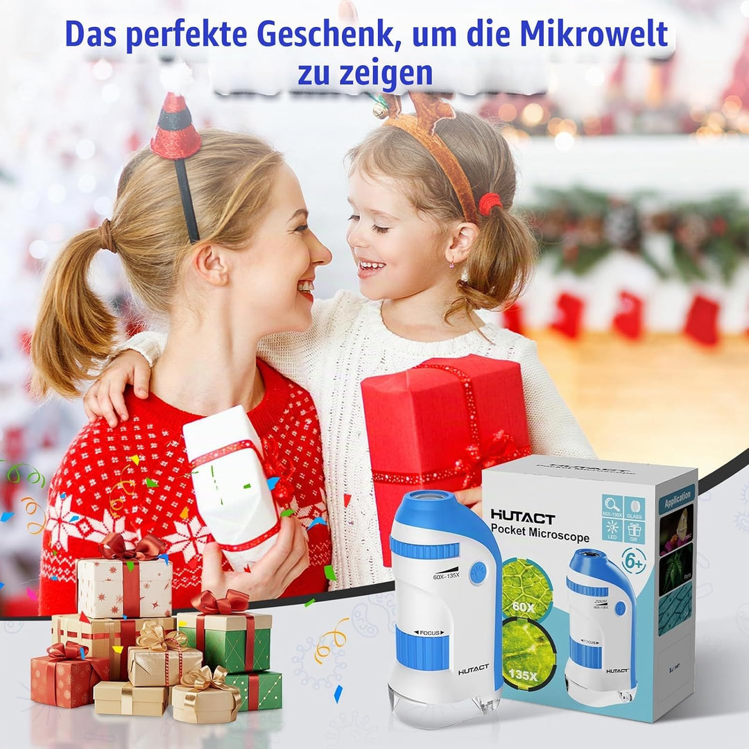 HUTACT Mini Mikroskop für Kinder mit Objektträger Set: 60x-135x LED Taschenmikroskop Tragbares Handm