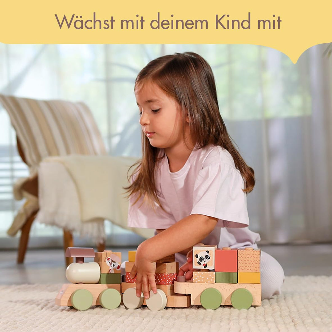 Tiny Love hölzerner Stapelzug, Holzzug Baby, Zug Spielzeug Holz mit 3 Waggons und 14 stapelbaren Spi