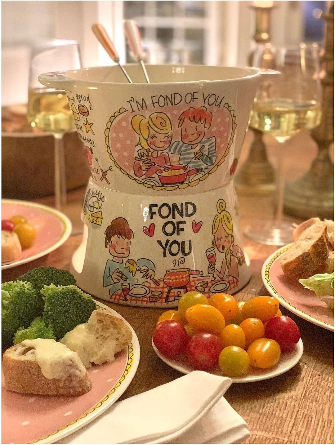 Blond Amsterdam Fondue-Set Eben Quatschen – Keramik-Set mit 6 Gabeln – für Käse & Schokolade – handb