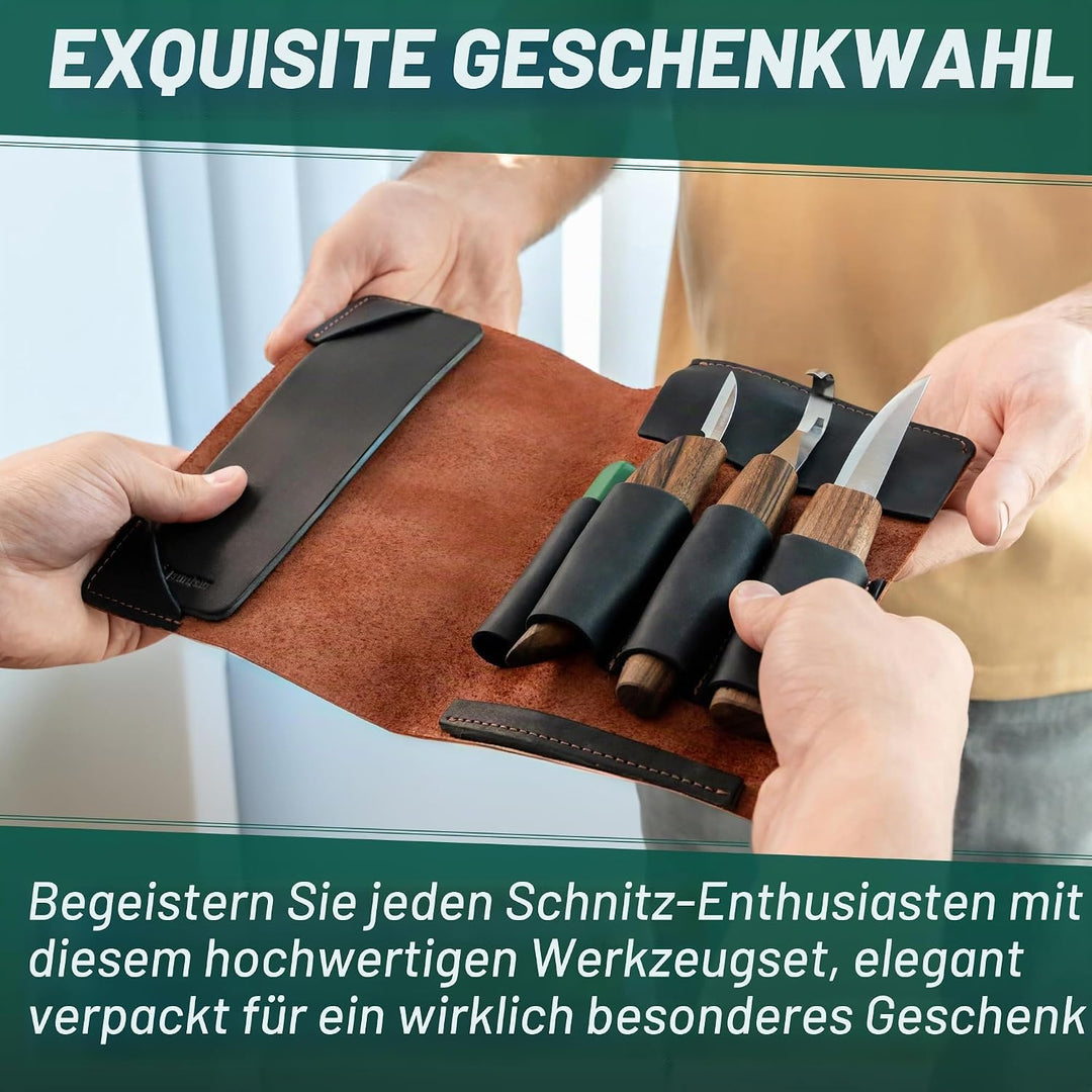 BeaverCraft Deluxe S13X Holzschnitzmesser-Set zum Holzschnitzen 3 Messer in einer Ledertasche mit Po