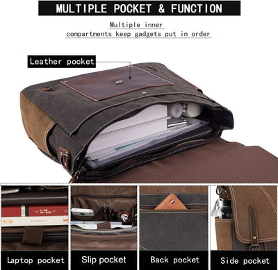 NEWHEY Umhängetasche Herren Aktentasche laptoptasche Leder Wasserdichte Canvas Messenger Bag Arbeits