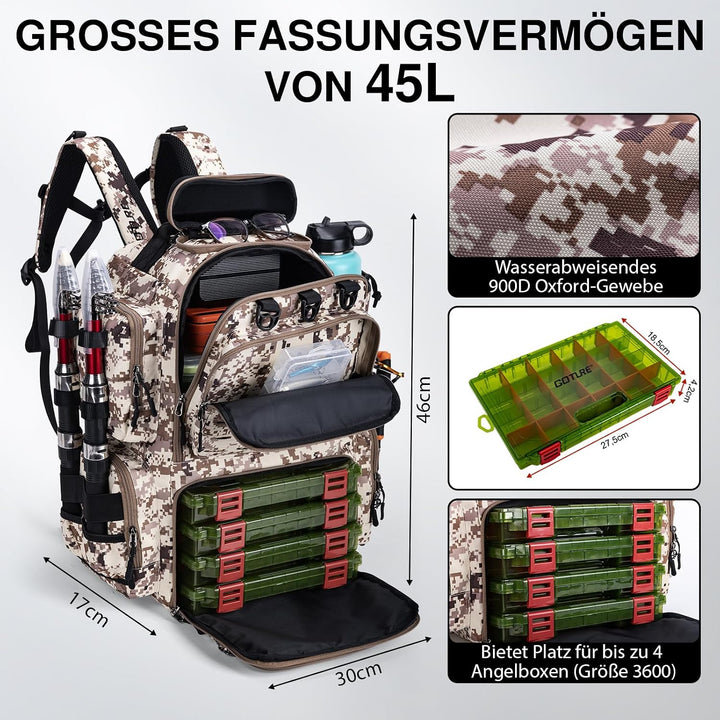 Goture Angelrucksack 45L, 4 Köderboxen, wasserdicht, Rutenhalter, Outdoor Wüsten-tarn 1