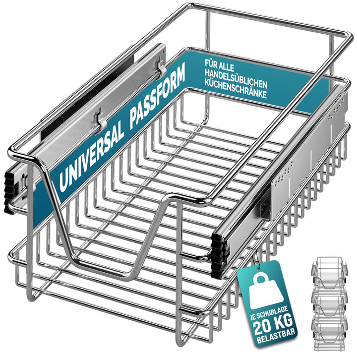 Casaria® 3x Teleskopschublade Nachrüsten Schublade Küche 30cm 20kg Belastbar Verchromt Korbauszug mi