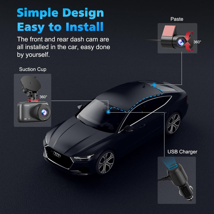 Dashcam Auto Vorne Hinten mit CPL Filter, 4K+1080P WiFi AutoKamera mit 64G SD Karte, 3" IPS-Bildschi