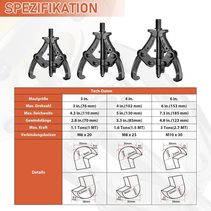 3X Lagerabzieher mit 3 arming [75+100+150mm / 3"+4"+6"] Zwei / Drei Lager Abzieher Klauenabzieher Au