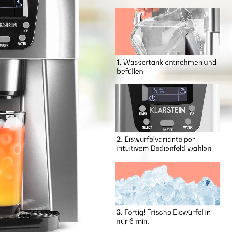 Klarstein Eiswürfelmaschine Klein, 2 L Eiswürfelbereiter & Wasserspender, für 12 kg Grosse und Eiswü