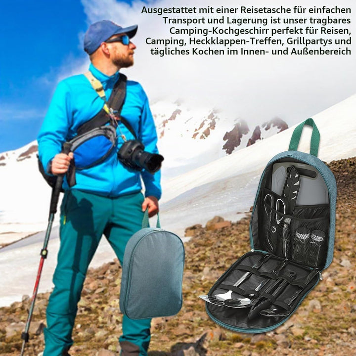 Evanda Camping Kochgeräte Set 10 Stück, Edelstahl Outdoor Kochen und Grillen Utensil Organizer Trave