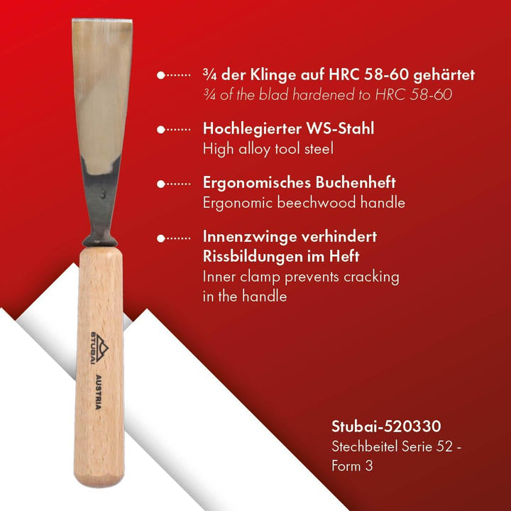 STUBAI Stemmeisen Stechbeitel Serie 52 - Form 3 | Gerades Flacheisen - 30 mm, mit Holzgriff, zum Vor