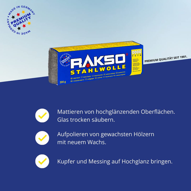 RAKSO Stahlwolle extrafein 0000-2,4 kg, 12 Banderolen à 200g, poliert gewachstes Holz, Kupfer, Messi