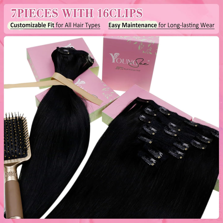 YoungSee Echthaar Extensions Clip Schwarz Clip in Extensions Schwarz Clip in Extensions Echthaar 50