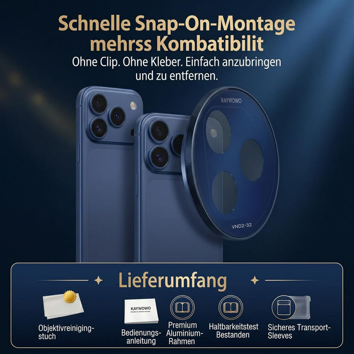 Snap-On Verstellbarer ND-Filter VND2-32 für iPhone 17 Pro & Pro Max, 11,2g Ultraleichter Kamera Grau