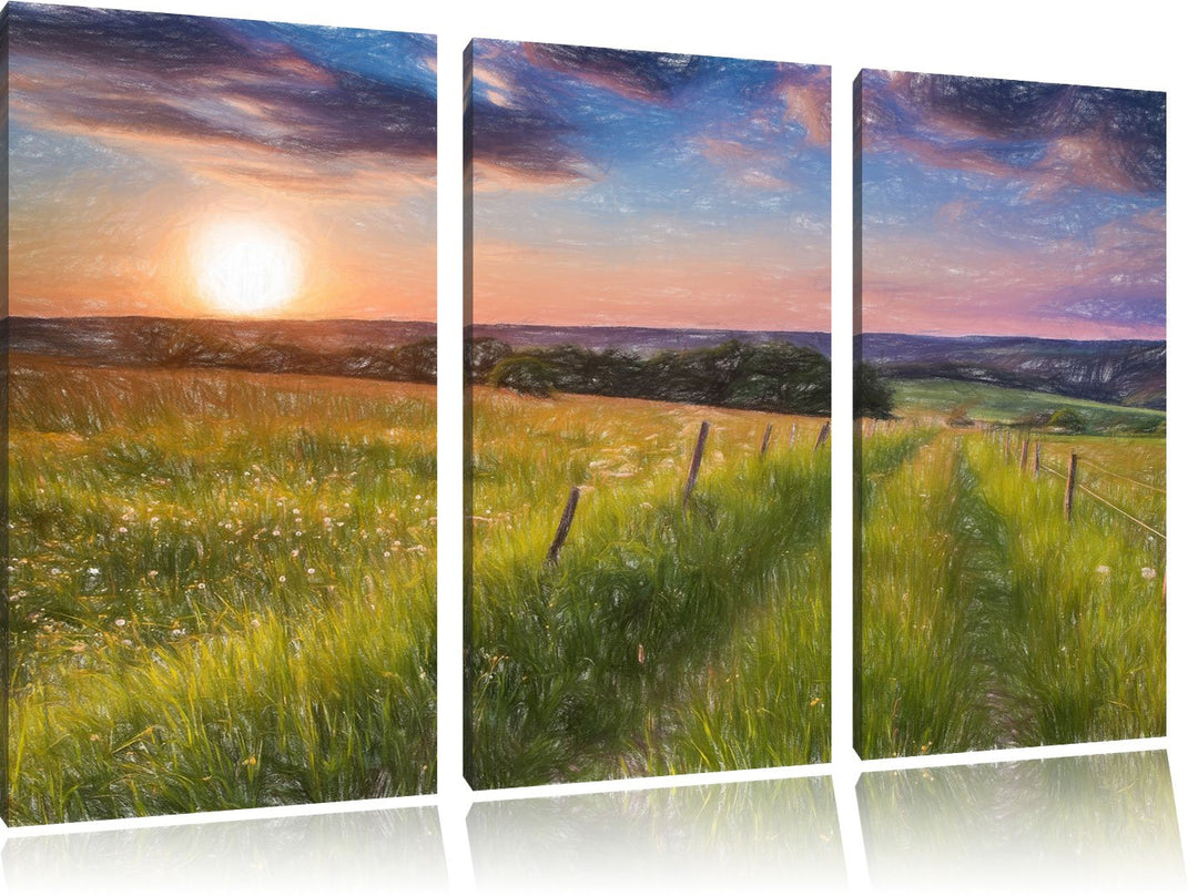 Pixxprint Bergwiese im Sonnenaufgang als Leinwandbild/Grösse: 3 Teilig (120x80) cm/Wandbild/Kunstdru