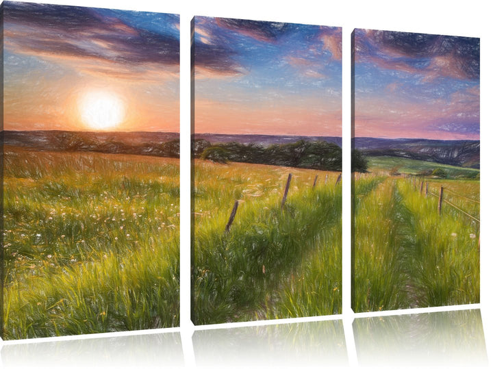 Pixxprint Bergwiese im Sonnenaufgang als Leinwandbild/Grösse: 3 Teilig (120x80) cm/Wandbild/Kunstdru