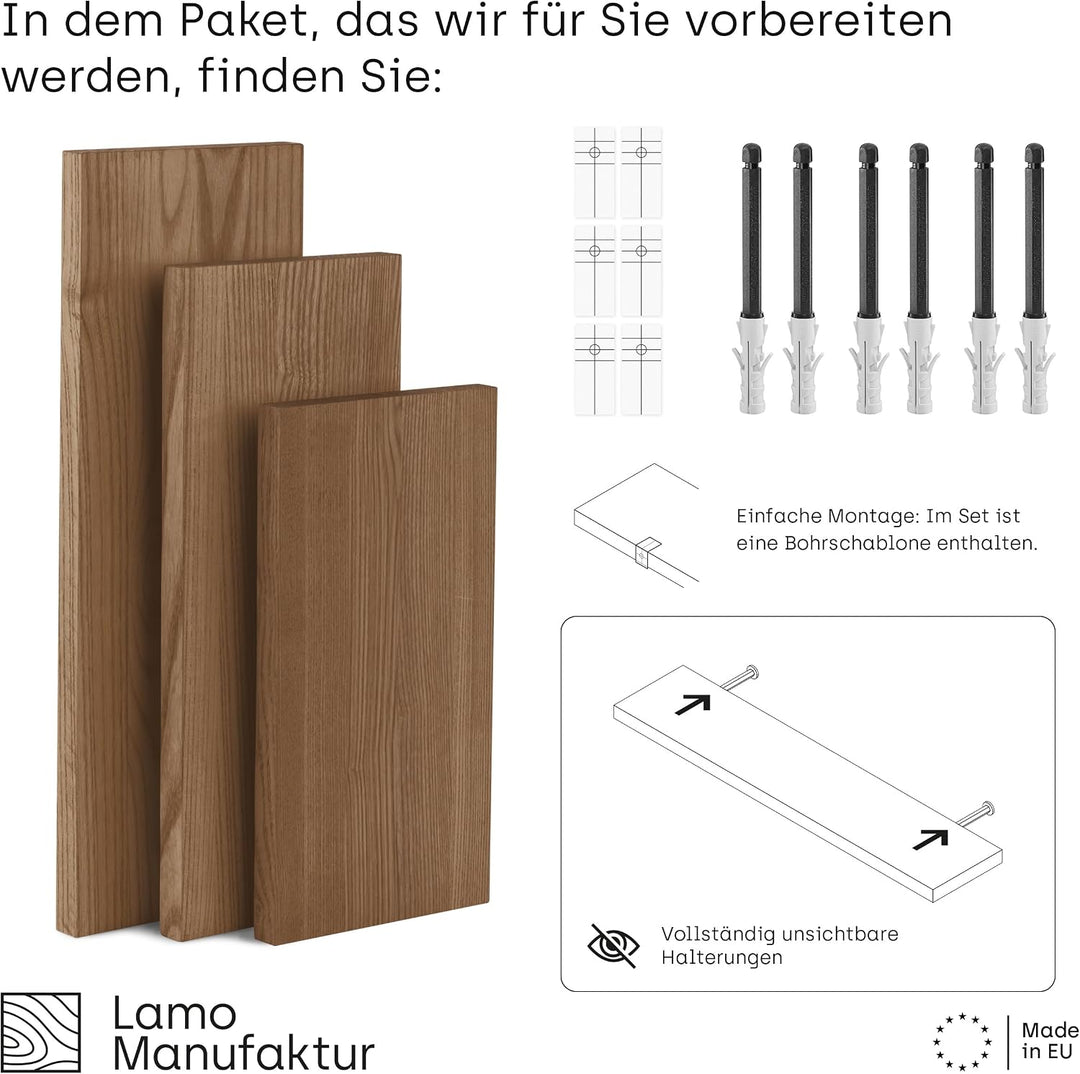 LAMO Manufaktur 3 Stück Wandregal aus Holz mit unsichtbarer Befestigung 40/35/30cm | Wandregal Holz