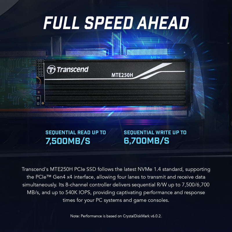 Transcend MTE250H - SSD - 1 TB - intern - M.2 2280 - PCIe 4.0 x4 (NVMe) - integrierter Kühlkörper 1T