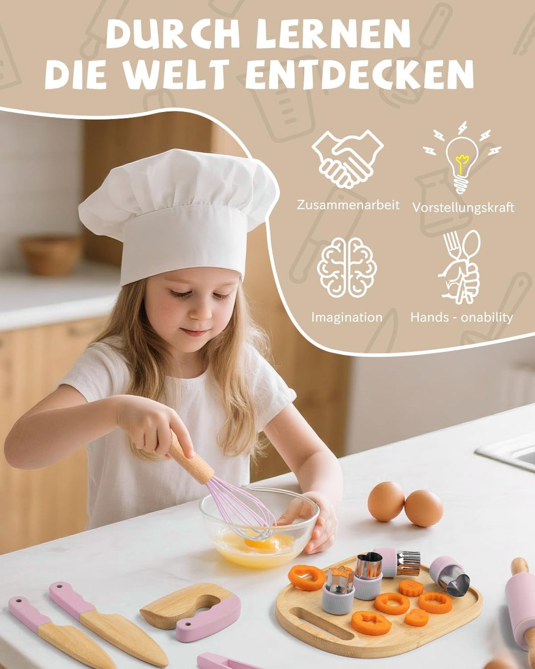 Kindermesser Set – 29-teilig mit sicherem Kiddikutter, Holzmesser Schneidebrett – Montessori Küchens