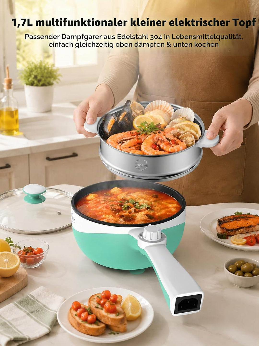 Audecook Elektrischer Topf mit Dampfgarer, 1.7L Mini Elektrische Bratpfanne für Wohnheim Antihaftbes