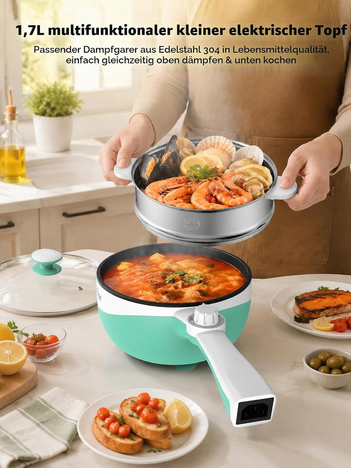 Audecook Elektrischer Topf mit Dampfgarer, 1.7L Mini Elektrische Bratpfanne für Wohnheim Antihaftbes