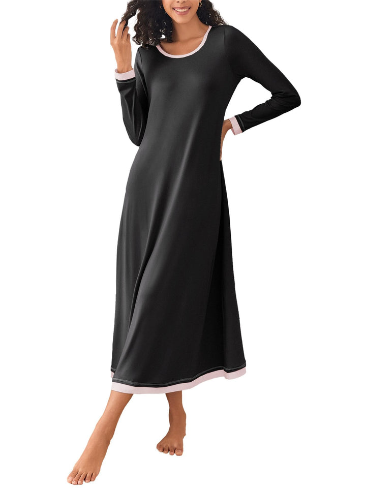 Ekouaer Damen Nachthemd Langarm Elegant Sleepshirt Weich Schlafkleid Lange Nachthemden Kontrastfarbe