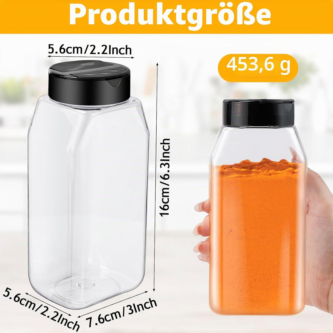16 Stück Gewürzdosen Kunststoff, 16 oz Wiederverwendbare gewürzstreuer mit Deckel, Transparente Gewü