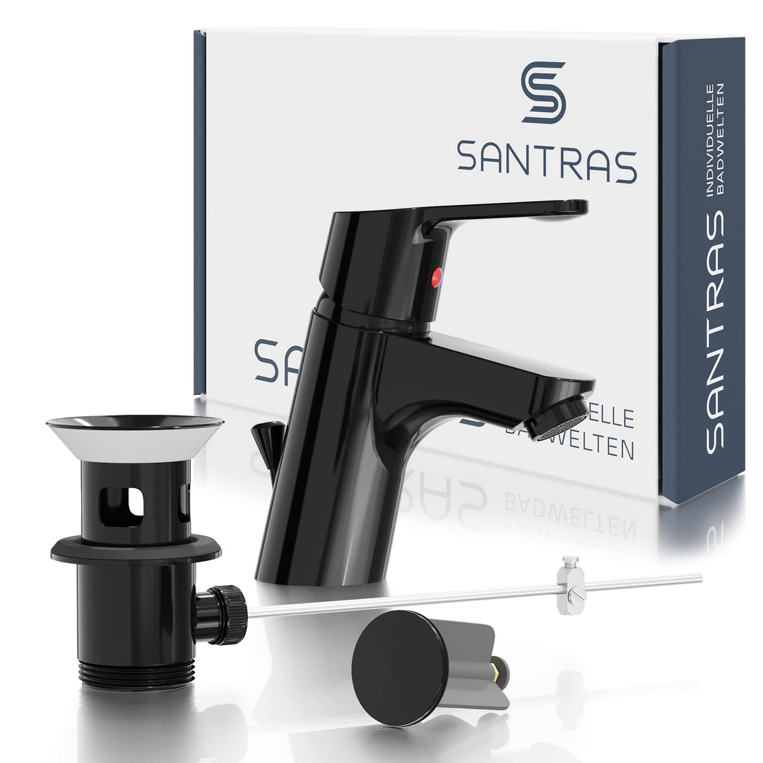 SANTRAS® Waschtischarmatur Bad in Schwarz (RAL 9005, glänzend) mit Zugstange & Exzenter Ablaufgarnit