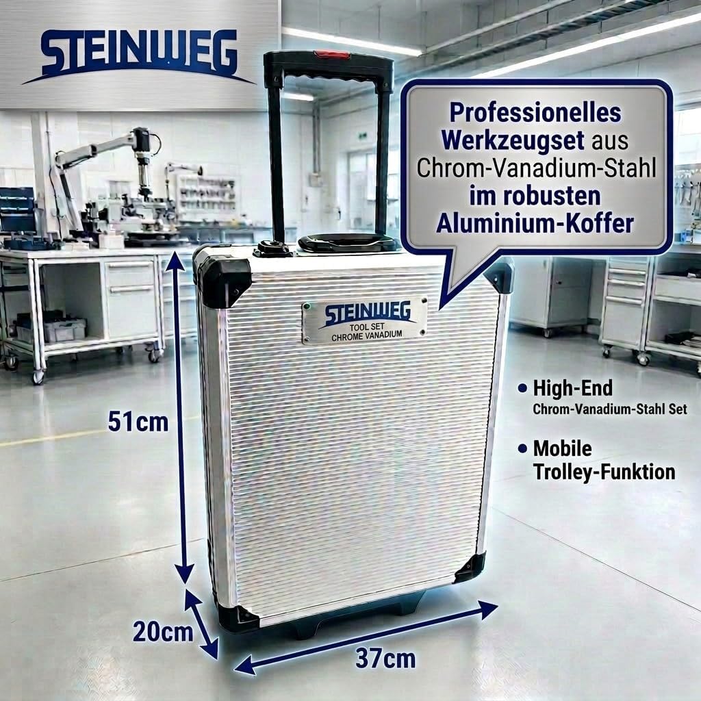 STEINWEG Aluminium Werkzeugkoffer Gefüllt 1400-tlg Werkzeug Set, Profi Werkzeugkoffer befüllt mit Sc