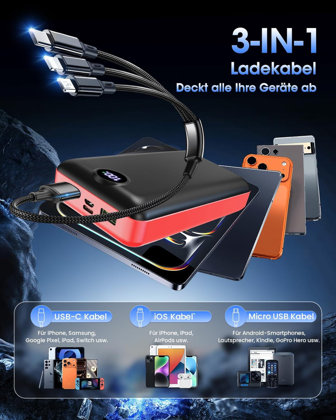 PowerBank 50000mAh grosse kapazität, Akku USB-C 22,5W schnelles Aufladen externer 3 Ausgänge und 2 E