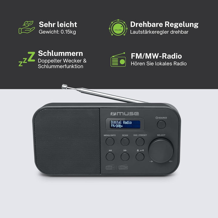 M-109 DAB+ tragbarer Radiowecker mit ausziehbarer Antenne | eingebautem Lautsprecher | AUX Anschluss