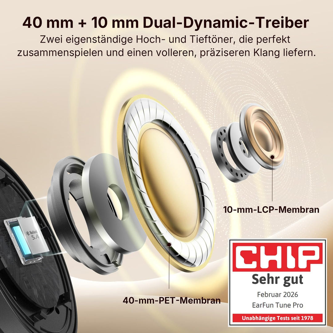 EarFun Tune Pro Over-Ear Kopfhörer Kabellos, Aktiver Geräuschisolierung, Dual-Dynamic-Treibern, Hi-R