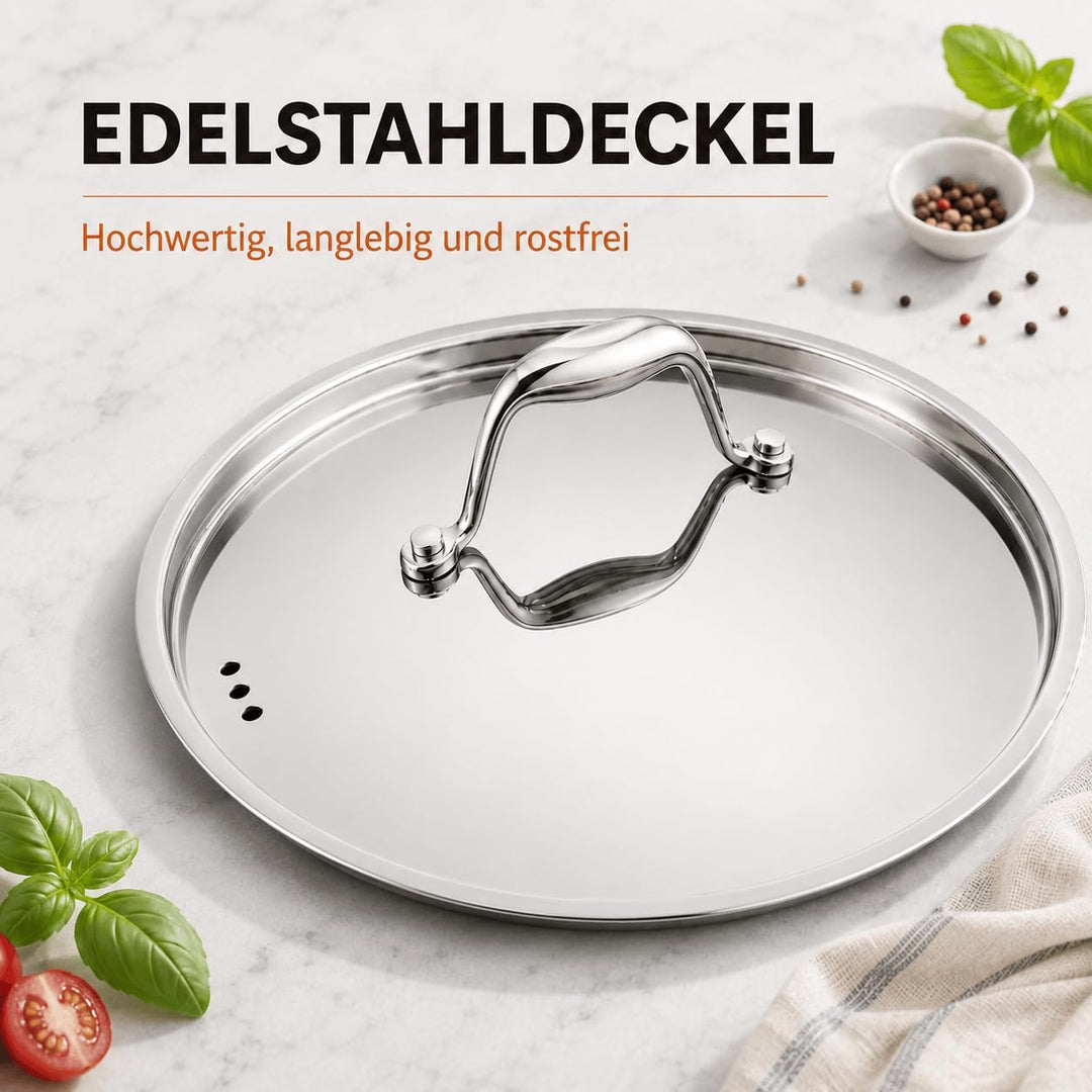 Edelstahlpfanne Unbeschichtet 28 cm mit Edelstahldeckel | 7 mm 3‑lagiger Boden, für Alle Herdarten G