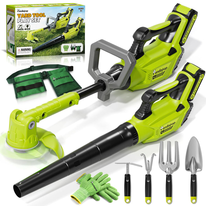 Pandapop 2 in 1 Werkzeug Kinder, Rasenmäher Kinder mit Lichteffekt & Kinder Laubbläser mit Geräusch,