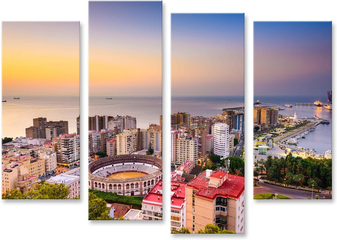 islandburner Bild auf Leinwand Malaga Spanien Stadtbild Meer Dämmerung Skyline in Richtung Mittelmee