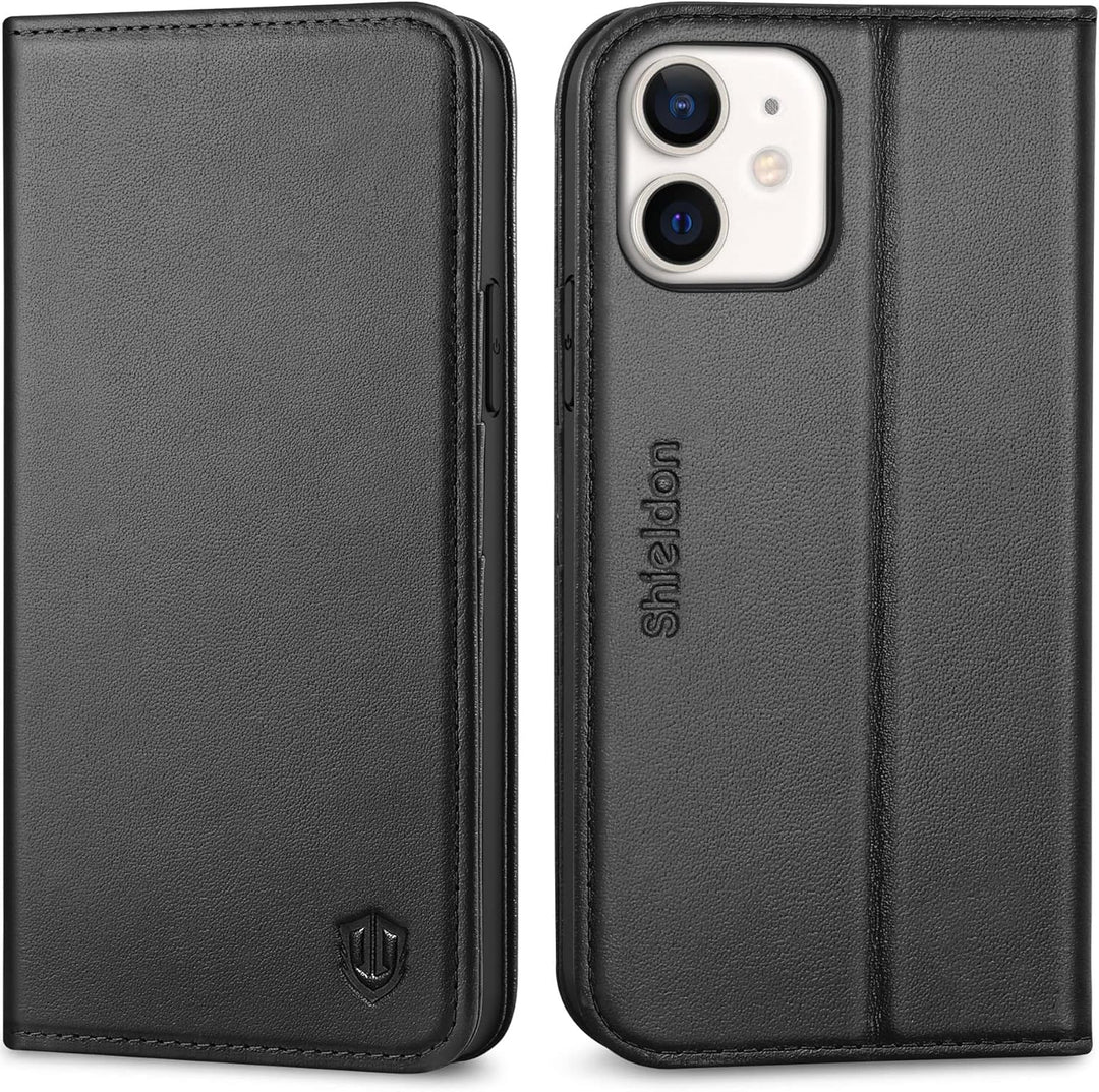 SHIELDON iPhone 12 Hülle, iPhone 12 Pro Handyhülle [Echtleder] [RFID-Sperre] [Kartenfach] [Magnet] [