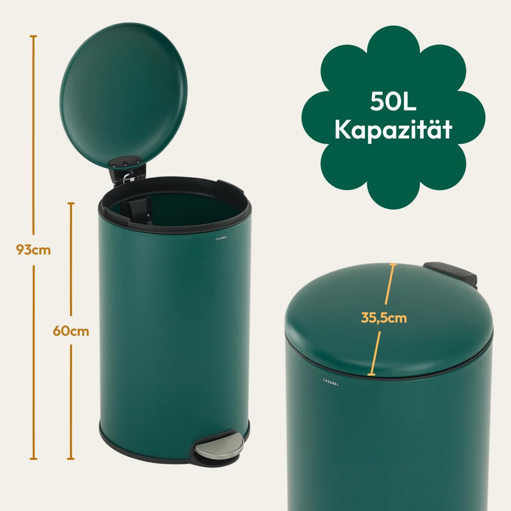 CASABEL Mülleimer Küche 50L, 100% Edelstahl, Resistent gegen Fingerabdrücke, Runder Treteimer mit Fu