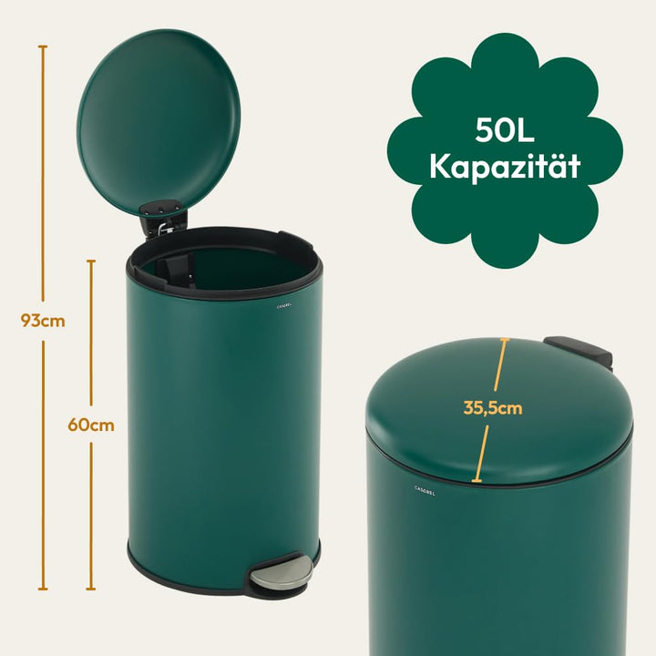 CASABEL Mülleimer Küche 50L, 100% Edelstahl, Resistent gegen Fingerabdrücke, Runder Treteimer mit Fu