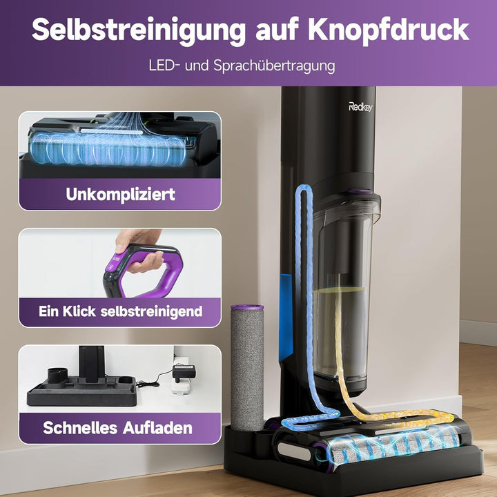 Redkey W15 Nass Trockensauger Akku,Selbstreinigender Mopp-Staubsauger,Kantenreinigung 6 mm,Dual-Wass