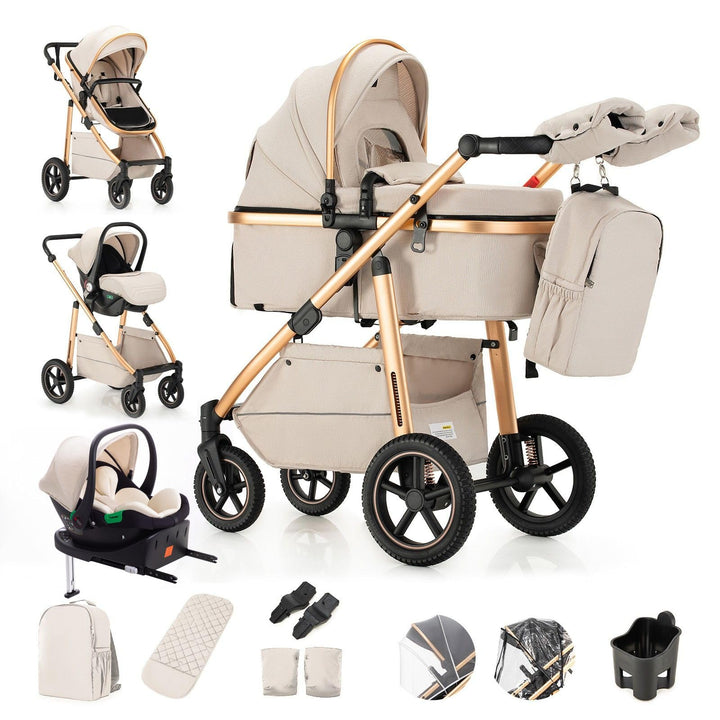 Kinderwagen 3 in 1 mit ISOFIX-Basis & Autositz, Reise Stroller, Kinderwagen & Buggys mit verstellbar