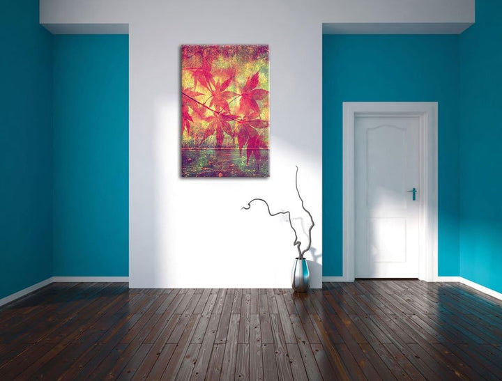 Ast mit pinken Blättern, Format: 100x70 auf Leinwand, XXL riesige Bilder fertig gerahmt mit Keilrahm