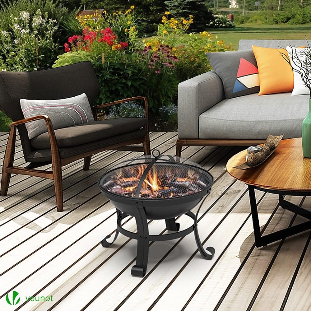 VOUNOT Feuerschale mit Funkenschutz, Feuerkorb Feuerstelle für Heizung, Garten, Camping, Terrasse, Ø