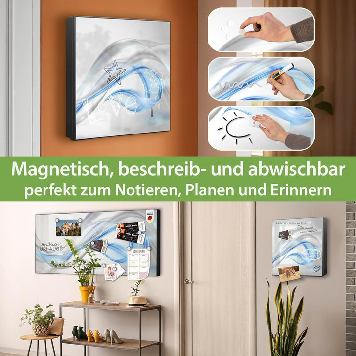 banjado® Grosser Schlüsselkasten Glas/Schlüsselbox 30cm x 30cm mit 50 Haken - Motiv Blauer Schleier/